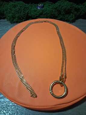 Gold Tone Double Chain Necklace with Circular Hook Pendant